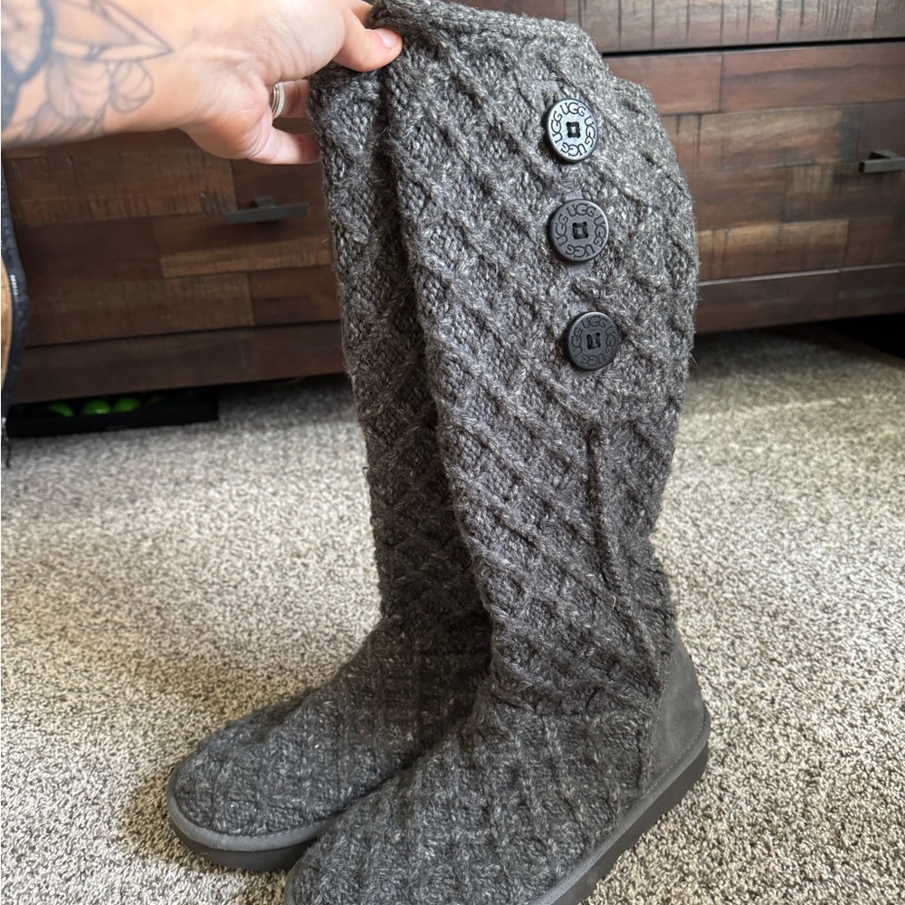 Gray Knit Button UGG Boots